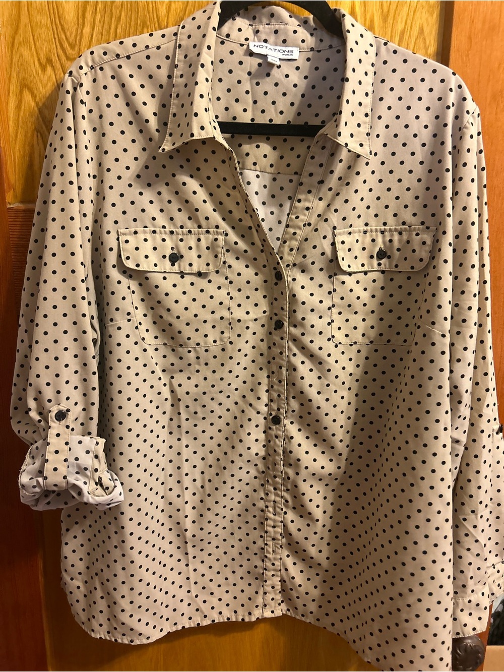 Notations Beige Button-Front Polka Dot Blouse